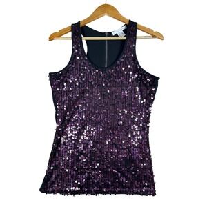 RETRO Small Purple SEQUIN Tank Top Sleeveless Party Club Racerback Full Zip GLAM